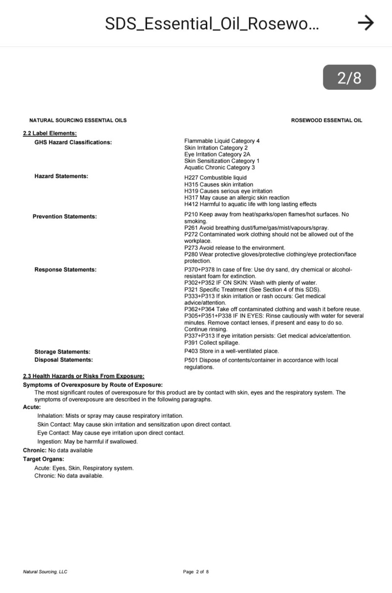 برگه msds اسنشیال اویل رزوود 