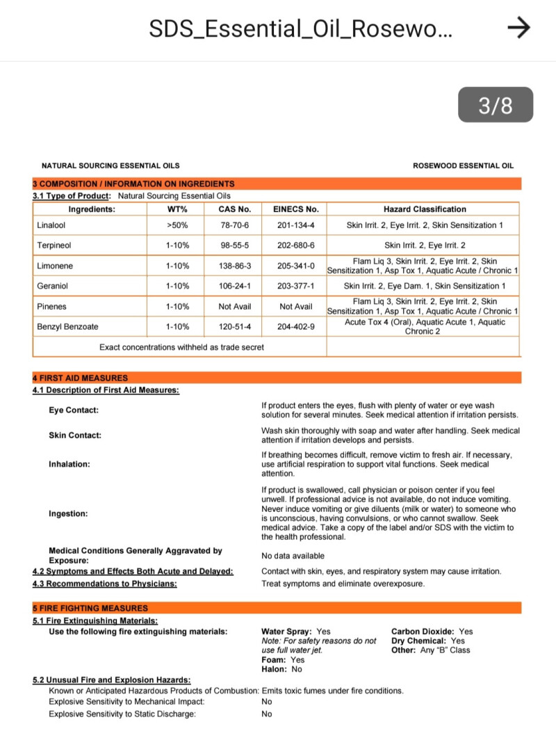 برگه msds اسنشیال اویل رزوود 