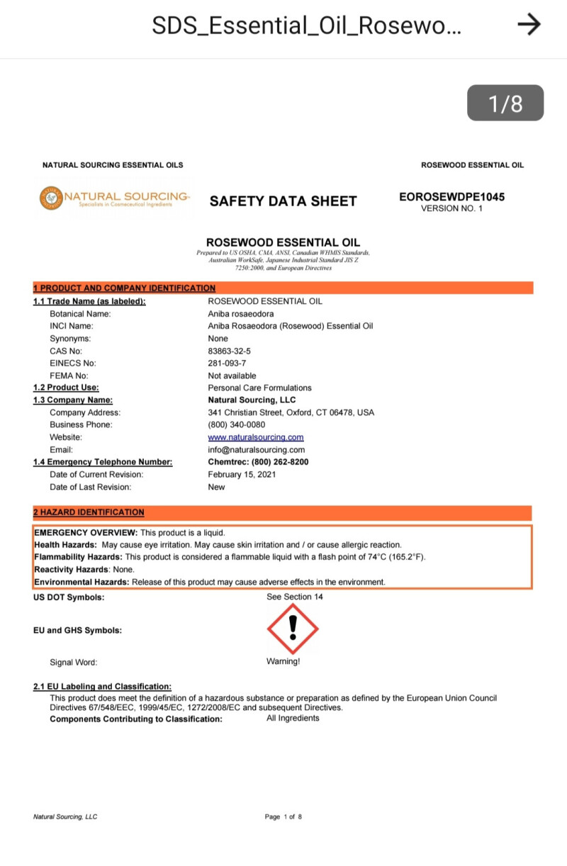 برگه msds اسنشیال اویل رزوود 